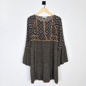 THML Womens Size Large Geometric Bell Sleeve Top Tunic Brown Tan Black Bohemian